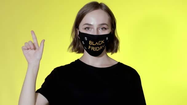 Woman Face Mask Black Friday Shopping Bags Hands Sale Pandemic — Stock Video