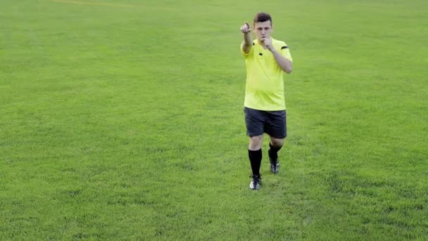 Árbitro de futebol mostrando penalidade, cartão amarelo e vermelho, remove o jogador. Conceito de esporte, violação de regras, ofensa — Vídeo de Stock