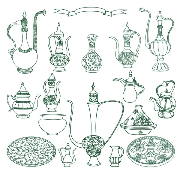 Conjunto Vectores Louças Árabes Pratos Cerâmica Oriental Ilustração Sobre Fundo — Vetor de Stock