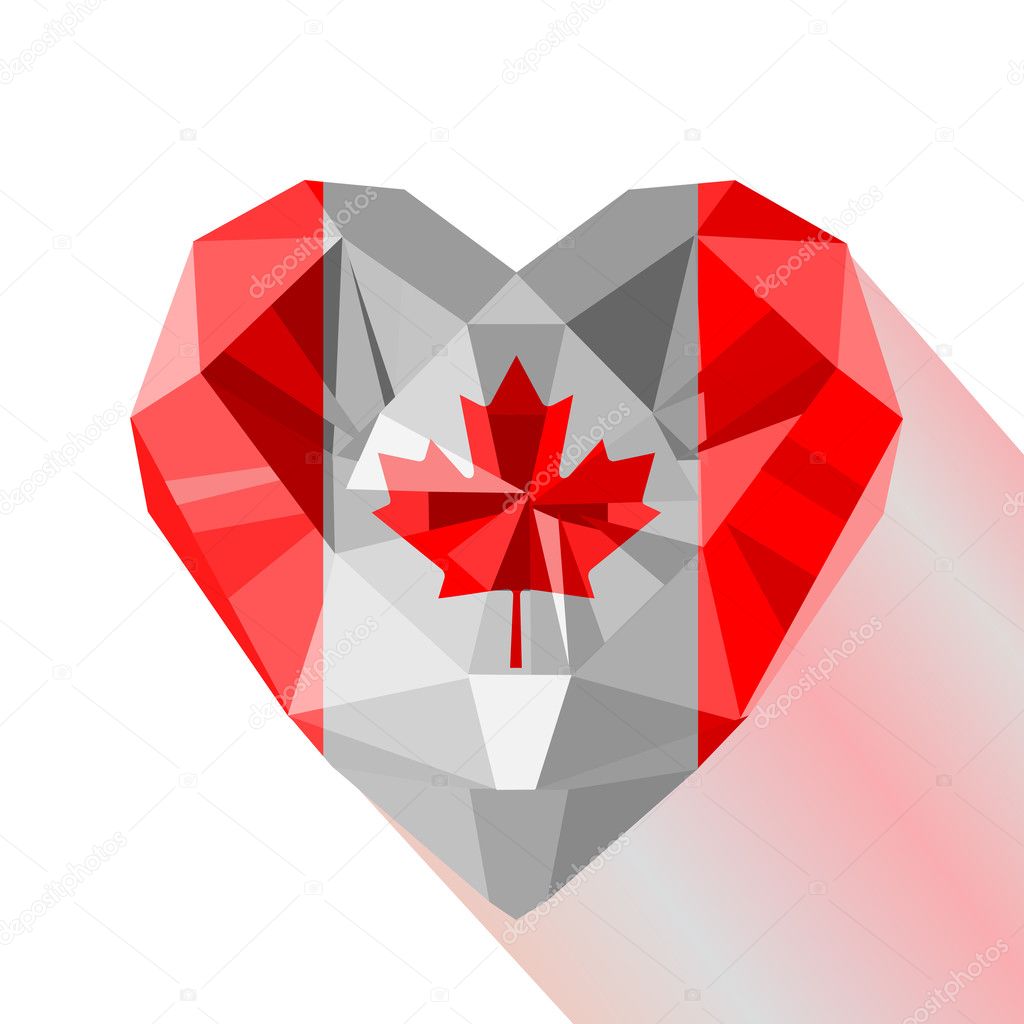 Vector crystal gem jewelry Canadian heart with the flag of Canada. Flat style logo symbol of love Canada. July 1 Canada Day. North America