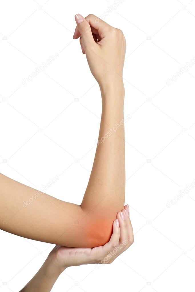 Woman holding her elbow in pain, with red highlighted on pain area on a white background