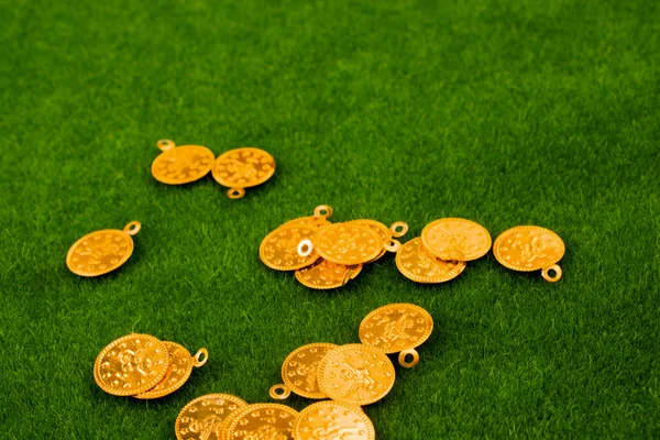 Χρυσά Νομίσματα Πράσινο Ψεύτικο Γρασίδι — Φωτογραφία Αρχείου
