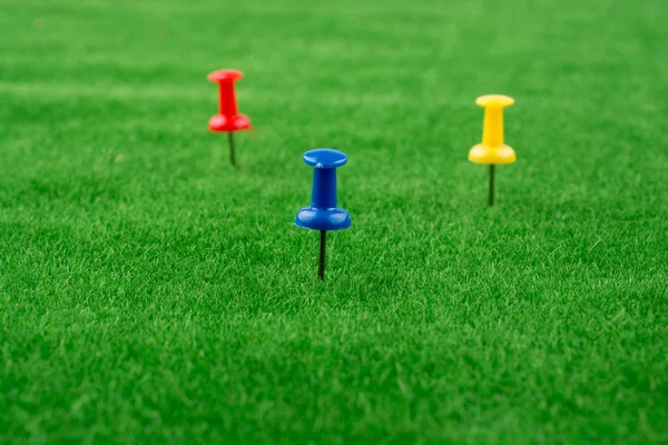Colorful pins on green grass — Stock Photo, Image