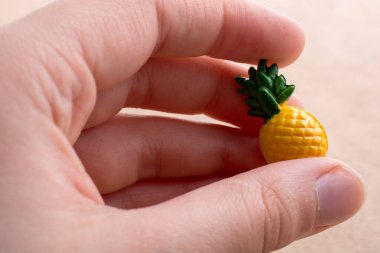Arka planda küçük bir ananas minyatürü tutuyor.