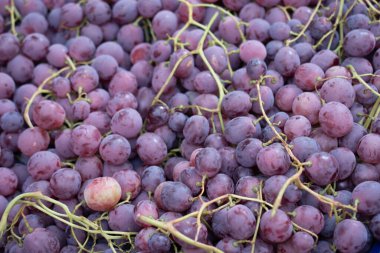 Markette taze kırmızı üzümler var. Kırmızı üzümler arka plan.