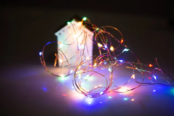 Small Decorative Model Houses Christmas Lights — Stock Photo, Image