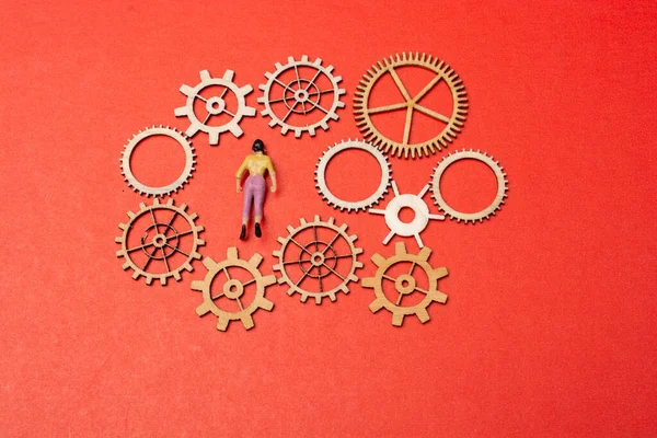 Little Tiny Woman Person Figurine Gear Wheels Industry Concept — Stock Photo, Image