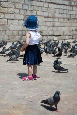 Sevimli güvercin kuşlarının arasında küçük bir çocuk Kentsel bir çevrede besleniyor