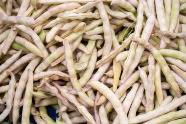 Beyaz plastik torbalarda taze fasulyeler.