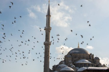 Cami minarelerinin etrafında uçan güvercinler.