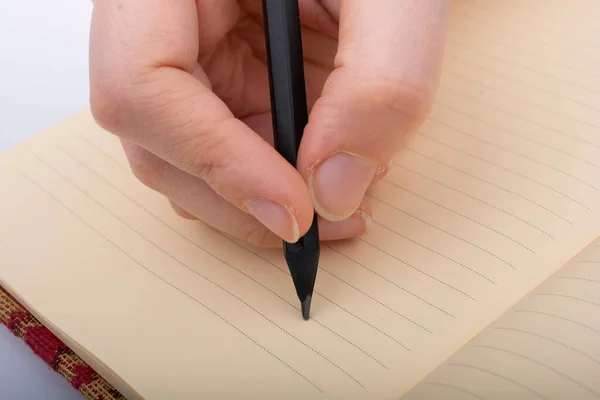 Mano Humana Usando Pluma Para Escribir Una Nota Corta Cuaderno — Foto de Stock