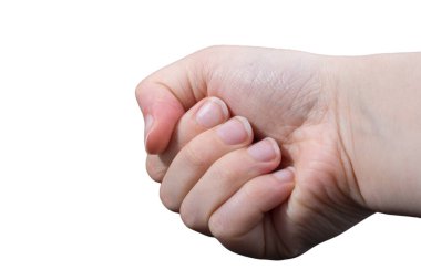 Beyaz arka planda el hareketlerini gösteren bir kadın.