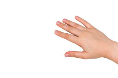 Beyaz arka planda el hareketlerini gösteren bir kadın.