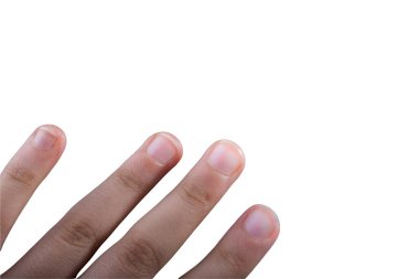 Beyaz arka planda izole edilmiş bir kız. Kadın elinin ayrıntıları.