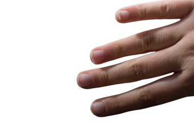 Beyaz arka planda el hareketlerini gösteren bir kadın.