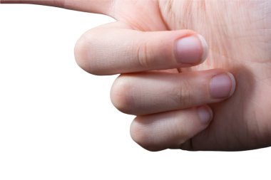 Beyaz arka planda el hareketlerini gösteren bir kadın.