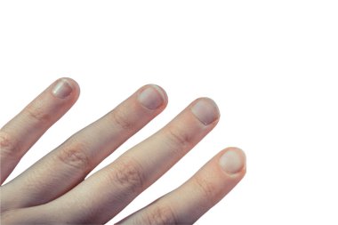 Beyaz arka planda el hareketlerini gösteren bir kadın.