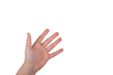 Beyaz arka planda el hareketlerini gösteren bir kadın.