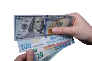 Ulusal para birimlerinin geçmişi. Farklı ülkelerden gelen para: Dolar, avro. Avro, dolar, beyaz arka planda izole edilmiş banknotlar. Nakit. Finans kavramı