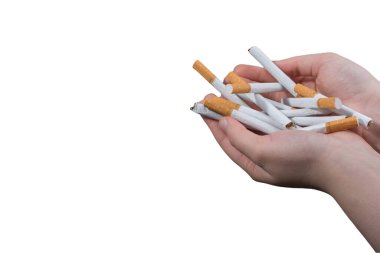 Tütün bağımlılığı, sağlıksız yaşam tarzı. Sigarayı bırak, sigarayı bırak ya da sigara içme. Elde sigara tutarken. Kötü alışkanlığı bırak..