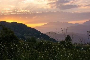 Dağ manzarasında gün batımı. Çayır ve dağ manzarası.