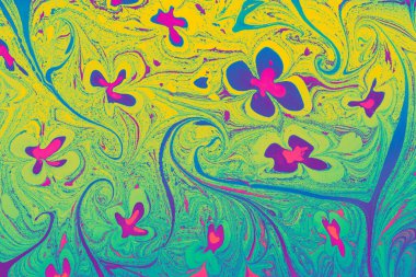 Klasik kırmızı lale motiflerinin yer aldığı geleneksel Türk Ebru sanatı kıvrımlı mermer kağıt zemin üzerinde.