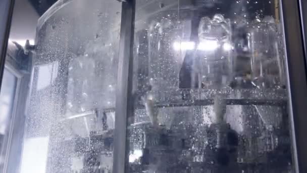 Пустые пластиковые бутылки в автоматизированной стиральной линии . — стоковое видео