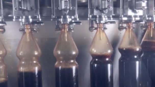 Pop et Soda versant dans des bouteilles sur un convoyeur automatisé de production de boissons fraîches . — Video