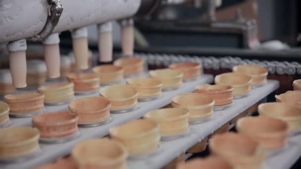 Linha de produção de sorvete. Gelado a encher copos, cones. close-up — Vídeo de Stock