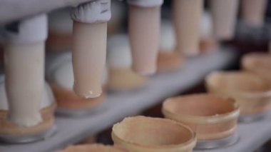 Dondurma üretim hattı. Dondurma kapları, koni doldurma. Yakın çekim.