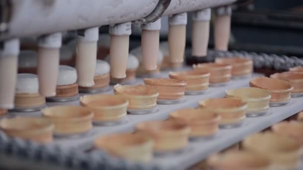 Linha de produção de sorvete. Gelado a encher copos, cones. Fechar . — Vídeo de Stock