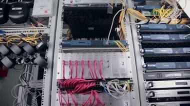 Kabloları ile modern ağ anahtarı. Sunucu bağlantıları.