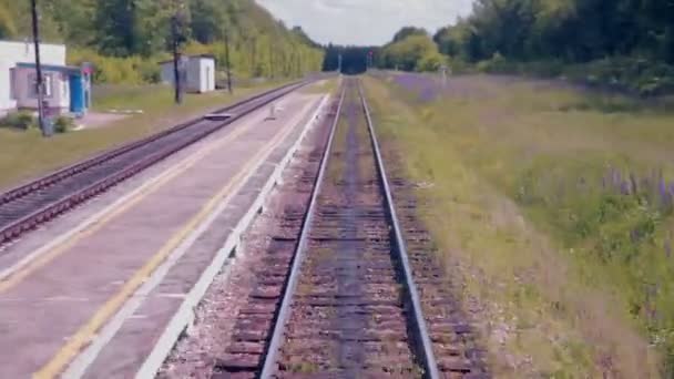 A mover caminhos-de-ferro. Comboio que passa pelo campo . — Vídeo de Stock