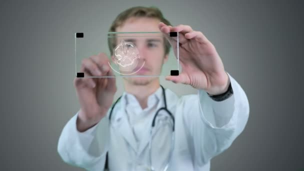 Mannelijke wetenschapper analyseren van x-ray, tomogram op een futuristische tablet. Resolutie afbeelding. — Stockvideo
