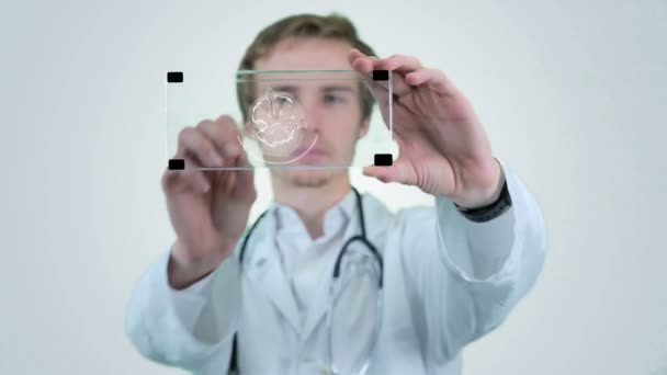Mužské vědec analýzy x-ray, tomogram na futuristické tablet. Motion grafika. — Stock video