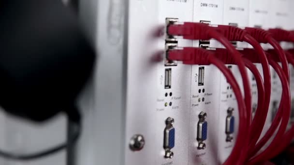 Close up of Cables and wiring links servers in a huge data center. Slider shoot. — Stock Video