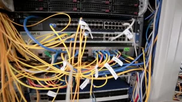 Achterkant van de dataservers werken met vele draden, kabels. — Stockvideo