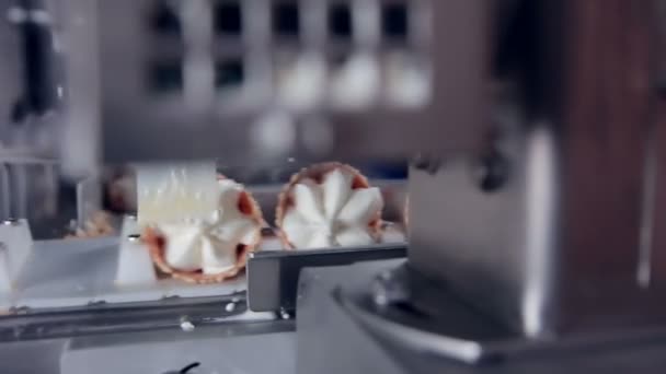 Modern utrustning på mat fabriken. Automatisk Conveyer, produktion linje av glass kottar. — Stockvideo