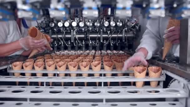 Cinturón móvil con conos de helado y manos de trabajadores poniéndolos. Industria alimentaria . — Vídeo de stock