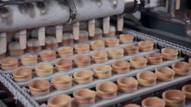 Equipamento moderno automático no trabalho durante a produção de sorvete. Transportador de fábrica de alimentos . — Vídeo de Stock