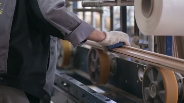 Tischler arbeitet mit Holz. Holzbearbeitungsmechanismus. Kreissägemaschine. — Stockvideo