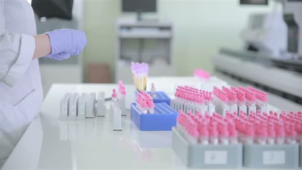 Infermiera mette una moderna provetta con analisi del sangue in un supporto sotto fiaschi di laboratorio . — Video Stock