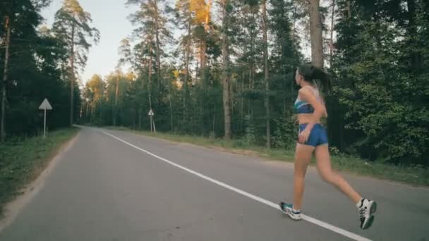 Atletische volgens vrouw joggen in een park. Stedycam schot. — Stockvideo