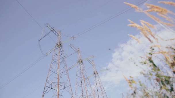 Electrical pylons. Sky, clouds and grass on background. Timelapse. — Stock Video
