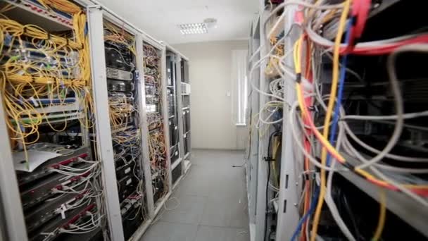 Supercomputer with cables and lamps. Close up. — Stock Video
