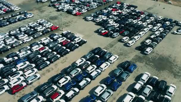 Bir sürü arabası olan bir fabrika otoparkının en üst görüntüsü. — Stok video
