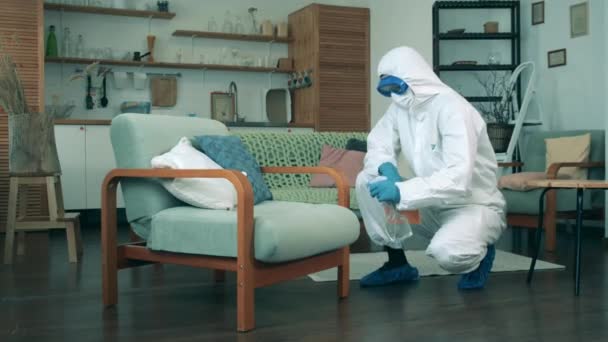 Sanitair werker is het reinigen van meubels in het appartement — Stockvideo