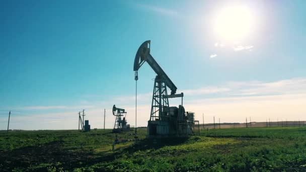 Champ vert avec pompiers extrayant l'huile. Pétrole brut, gaz, prix du pétrole concept. — Video