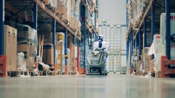 Robot humanoide limpia almacén con limpiador de vaccum — Vídeos de Stock