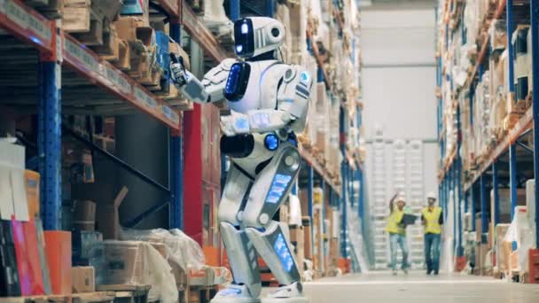 Emberek és robotok együtt dolgoznak a raktárban. — Stock videók